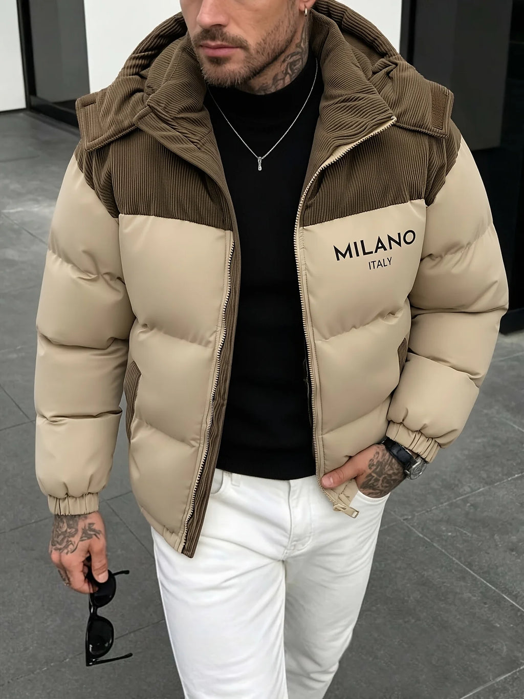 MILANO Printed Patchwork Corduroy Jacket Men Winter Hooded Coat Loose Thickened Outerwear Casual Party Outfit Men's Clothing
