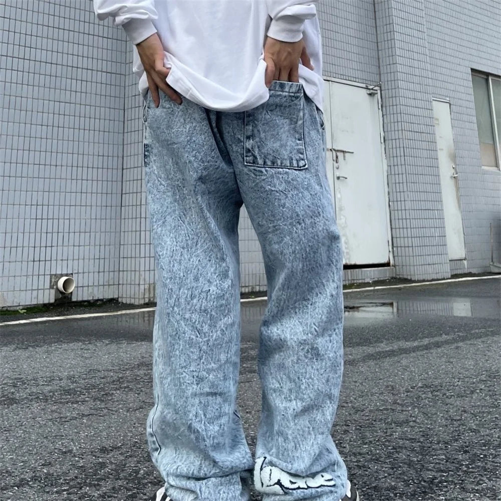 Trousers Cross Men's Straight Jeans Neutral Denim Stitch Loose Wide Leg Men Jeans Quality Casual Baggy Trousers Street Hip Hop
