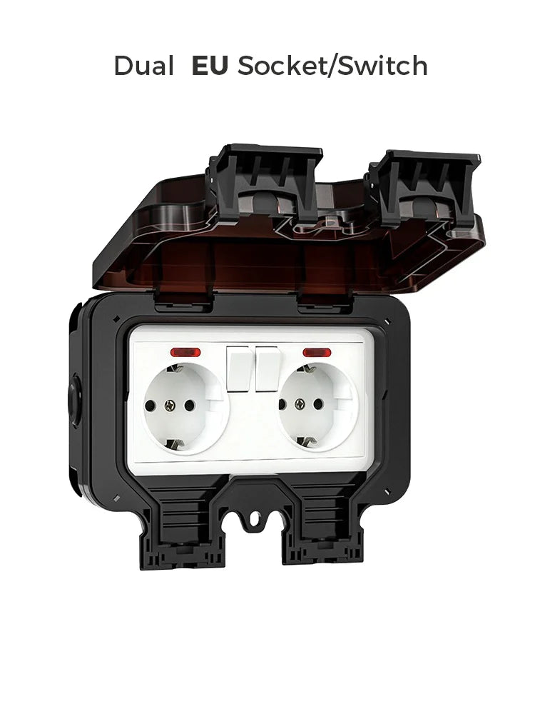 Avoir EU Standard Power Socket IP66 Weatherproof Black Box 16A Outdoor Electrical Outlet With Indicator Wall Dustproof Plug 220V