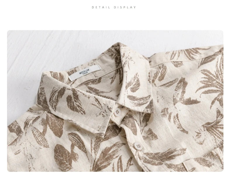Summer New Printed Breathable Linen Cotton Short Sleeve Shirt for Men Clothing Casual Turn-down Collar Summer Shirt FY736