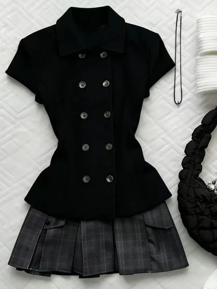 Women Retro Sweet Two‑Piece Outfit Plaid Short Sleeve Top High Waist Pleated Skirt Y2K Harajuku Style Hot Girl Summer Daily Suit
