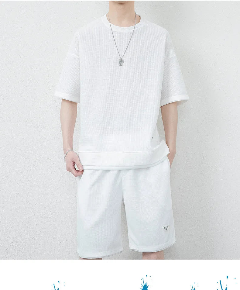 Summer Solid Waffle Tracksuits 2026 Men's Short Sleeve Shorts Casual Two Piece Sets Loose Breathable Men Clothes Joggers Outfits
