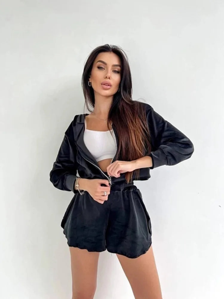 2025 Casual Women's Wear, Zipper Cardigan Long Sleeve Drawstring and Shorts Set, Hoodie Fashion Split Shorts Two-Piece Set