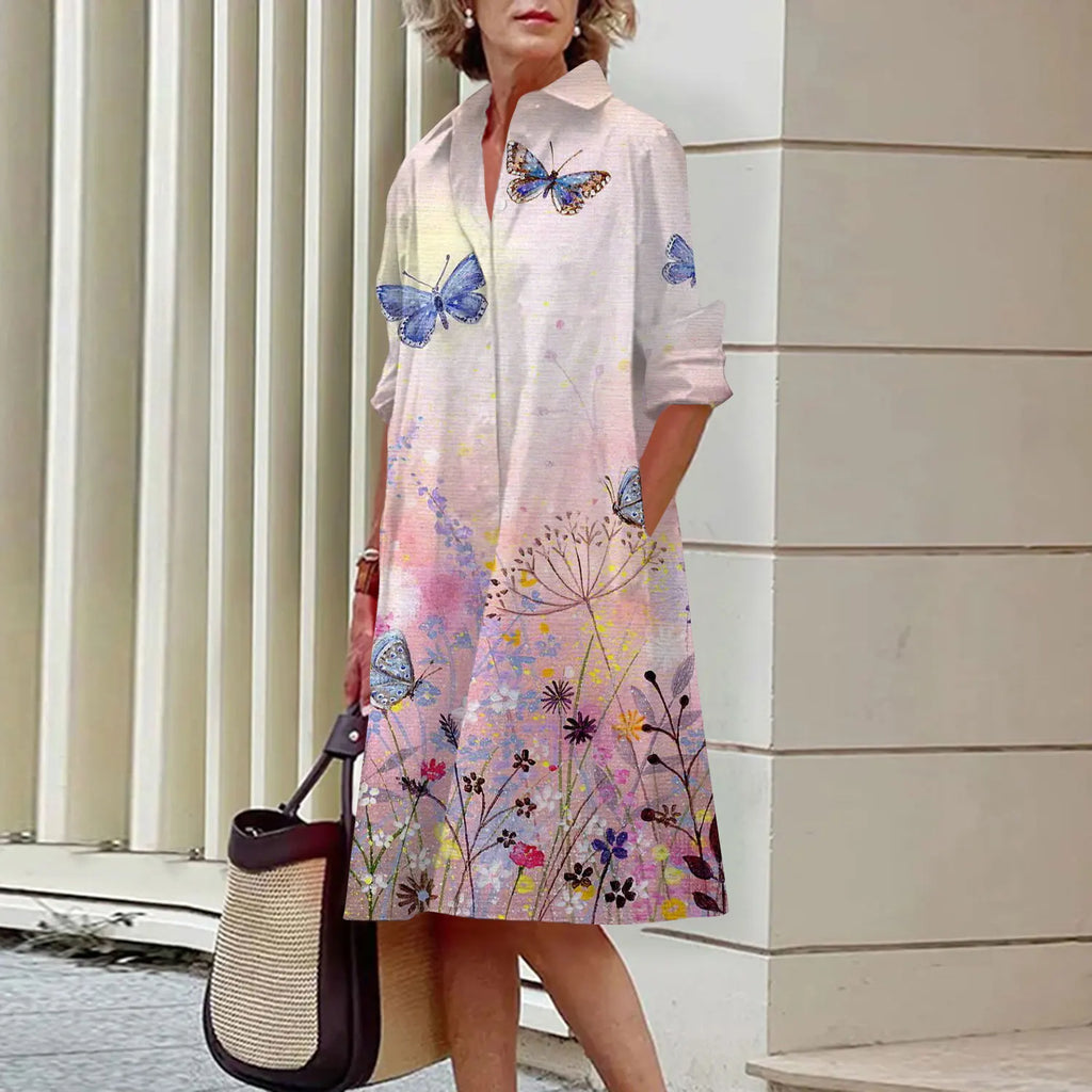 Spring and Summer Women's Dresses Fashion Lapel Printed Long Sleeve Shirt Street Shooting High Temperament New Traveling Gowns