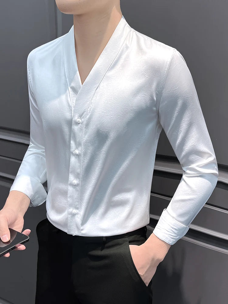 High-End Casual Shirts Men 2025 Spring British Style Slim Fit V-neck Shirt Long Sleeve Business Social Wear Men Clothing
