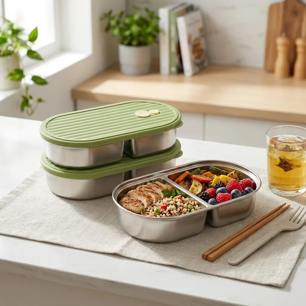 Microwaveable 304 Stainless Steel Bento Box Oval Divided Lunch Box 2 Grids Food Storage Container For Kids Students School