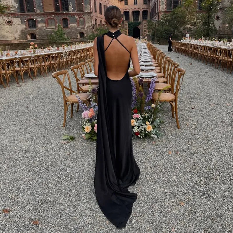 Backless Satin Long Sling Dress Women V Neck Sleeveless Slit Solid Sexy Party Dresses 2026 Summer Lady Vacation Evening Robes
