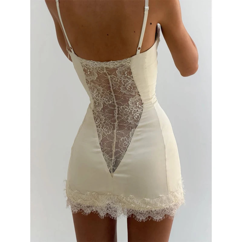 Solid Satin Lace Corset Mini Dress Women Sexy Spaghetti Strap Sheer Panel Slim Fit Short Dresses 2026 Trendy Lady Night Out Wear