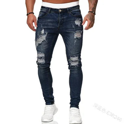 Men Jeans Knee Hole Ripped Stretch Skinny Denim Pants Solid Color Black Blue Autumn Summer Hip-Hop Style Slim Fit Trousers S-4XL