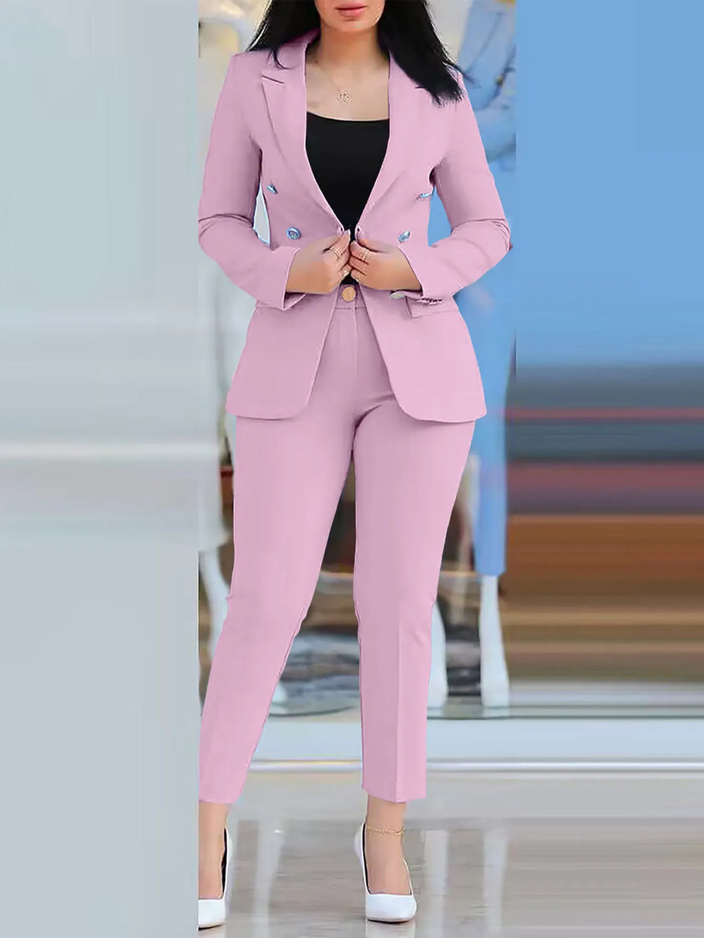 2Pcs Women's Solid Color Suit + Trousers Two-Piece Set Slim Fit Business Fashion Double Breasted Formal Female Clothes Outfit