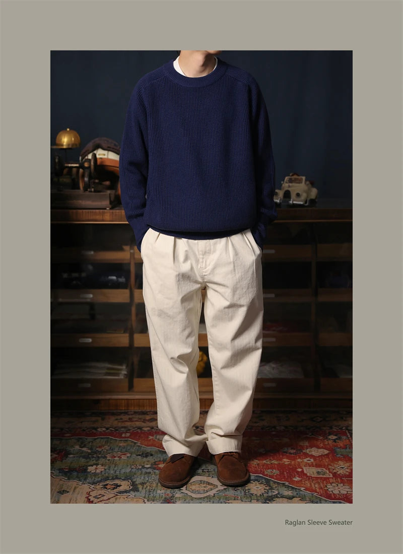 Classic Raglan Sleeve Crewneck Sweater Vintage Style Men's Wool Blend Knitted Pullover Jumper Thick