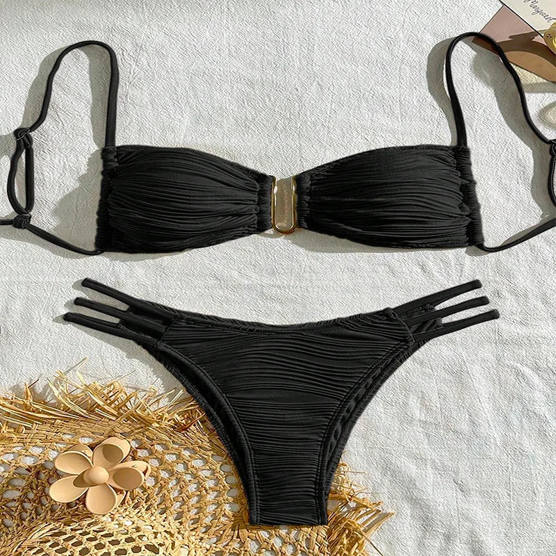 Vzvn Sexy Solid Beach Vacation Bikinis Set Women Split Swimsuit Bikini 2026 New All Season Backless Bandage Bikinis 2 Piece Set