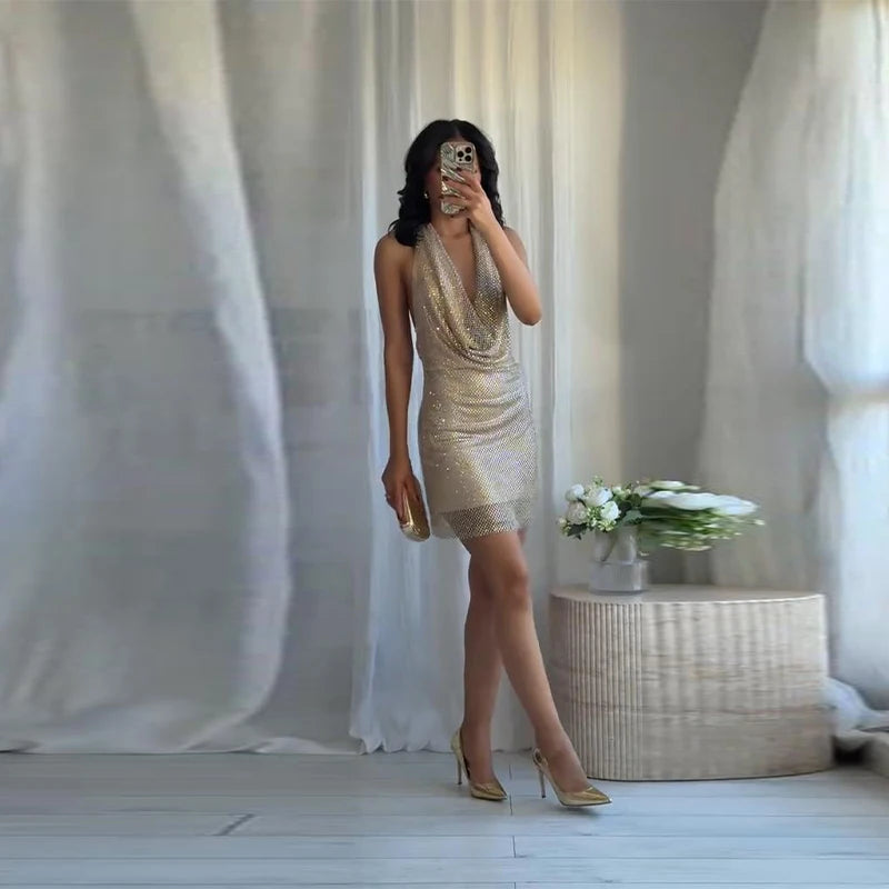 Sexy Diamond Halter Dress Women Shinny Sleeveless Backless V-neck Slim A-line Dresses Female 2026 Spring Summer Party Lady Robes