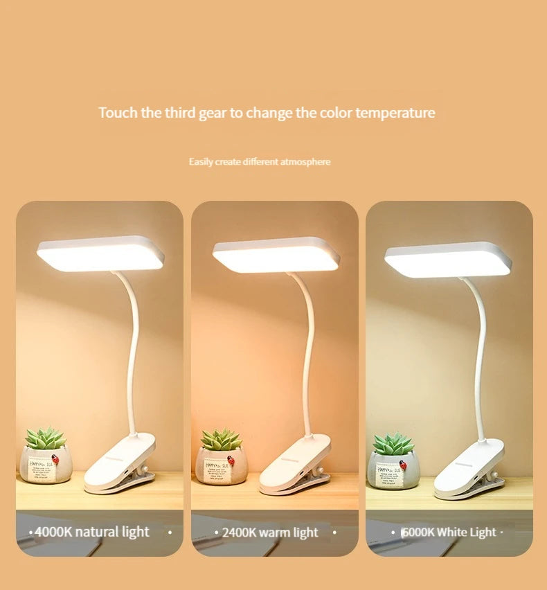Clip-On Desk Lamp with Eye Care, USB Rechargeable & Plug-in Dimmable LED Light, Adjustable Study Lamp for College Dorm, Bedroom