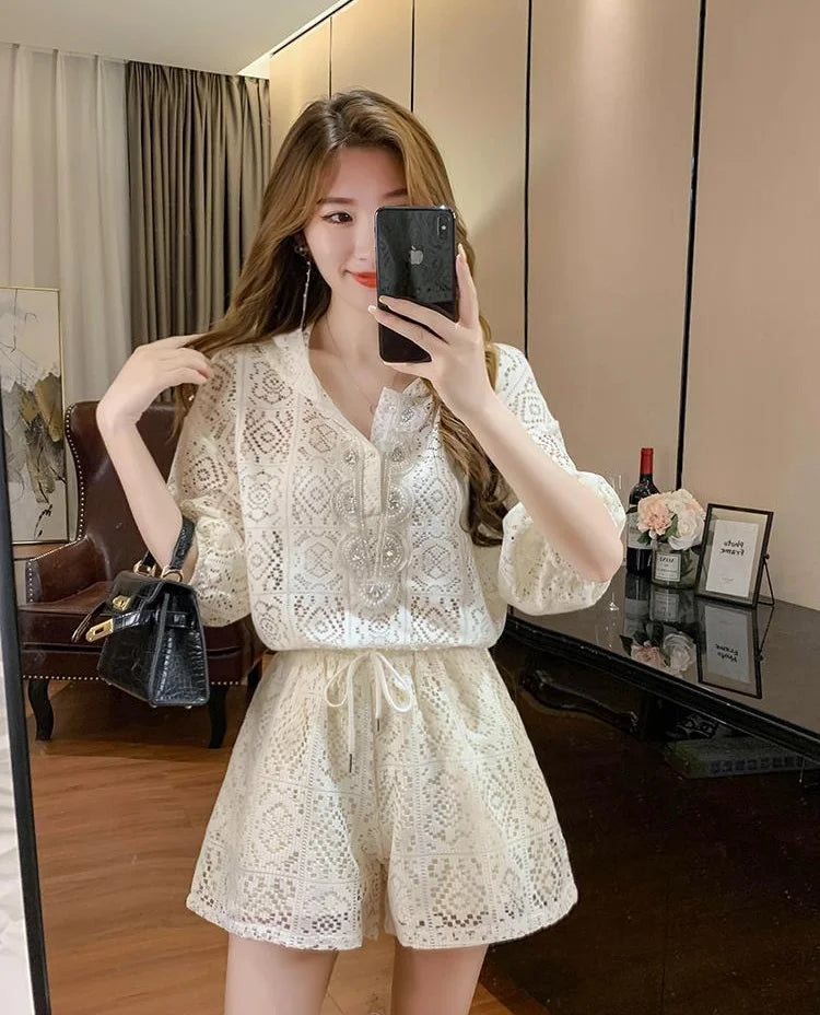 Short Sets for Women 2 Pieces Office Apricot Lace Woman Shorts Full Novelty in New Products Stylish Vacation Outfits 2025 Light