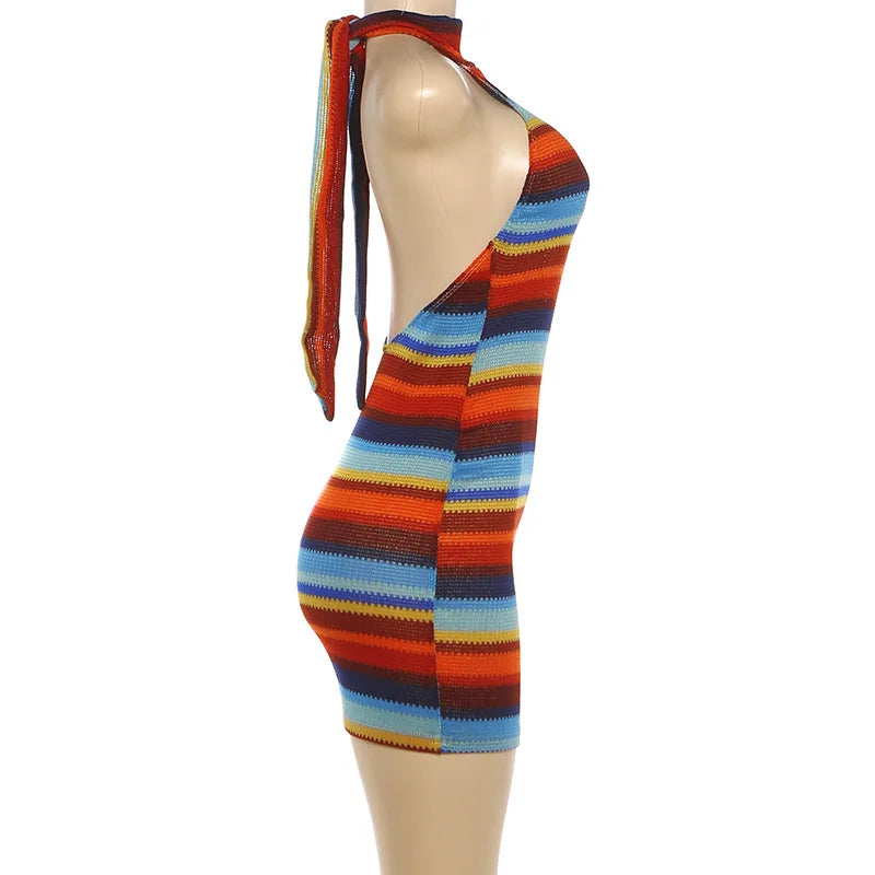 Cryptographic Striped Knit Halter Mini Dress Colorful Contrast Sleeveless Backless Summer Casual Clubwear Bodycon Short Dresses