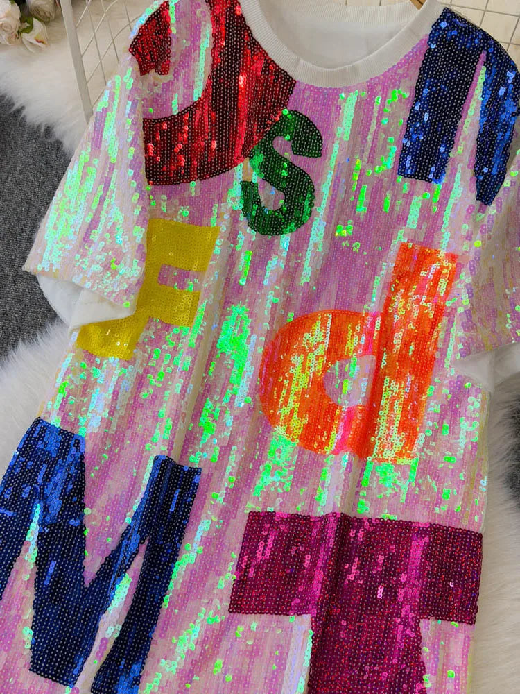 Korean version medium to long loose and lazy T-shirt women half sleeved paired round neck sequined letter top dance outfit