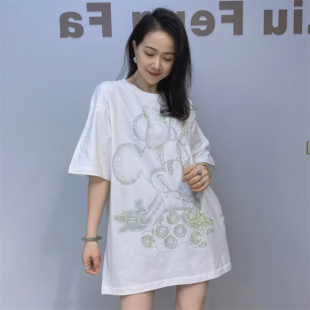 Loose Oversized T Shirt Women Rhinestones Cartoon Pattern Short Sleeve O Neck Pullovers Tops Tee Female Женская Одежда Plus Size
