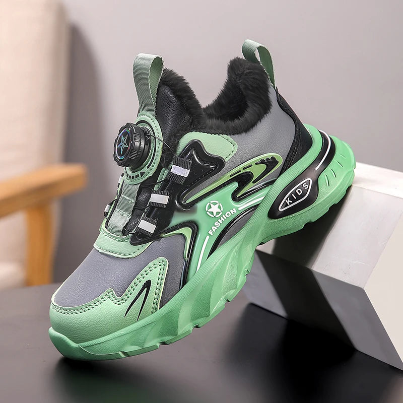Children Sports Shoes Winter Plush Outdoor Warm Soft Comfort Boy Running Shoes Fashion Rotary Buckle Anti Slip Kids Tennis Shoes