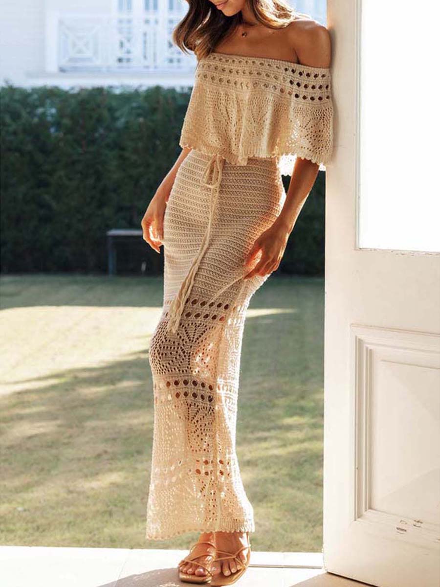 hirigin Elegant Women's Summer Boho Long Tube Top Dress Short Sleeve Off Shoulder Knit Pattern Hollow Tie Up Summer Dress