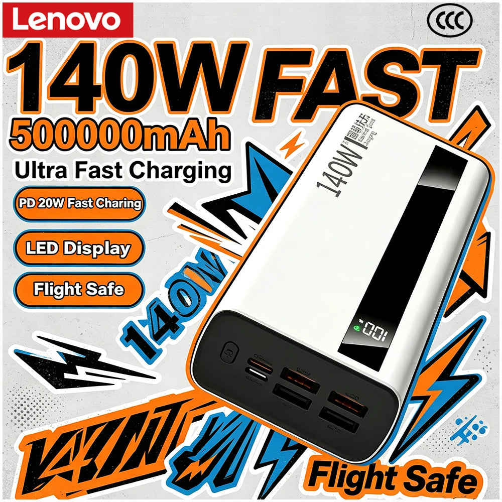 Lenovo CCC 500000mAh Power bank 140W Super Fast Charging Portable Battery Charger Ultra Capacity LED Digital Display For Xiaomi