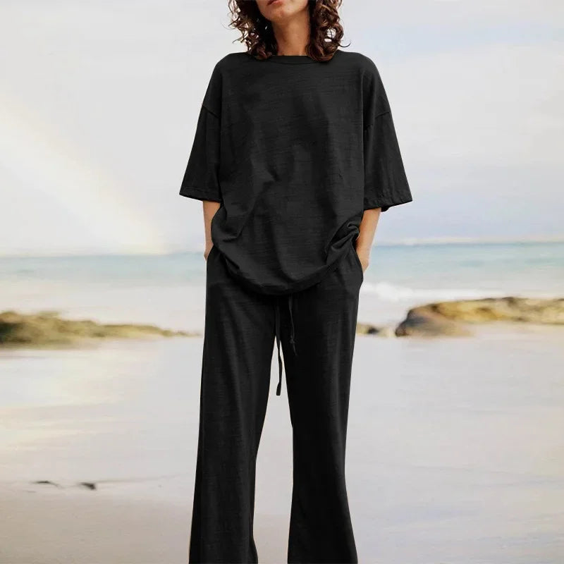 Fashion Women's 2-piece Set 2024 Summer Casual Pocket Set Half Sleeve O-Neck Top and Wide Leg Large Outline Pants Set
