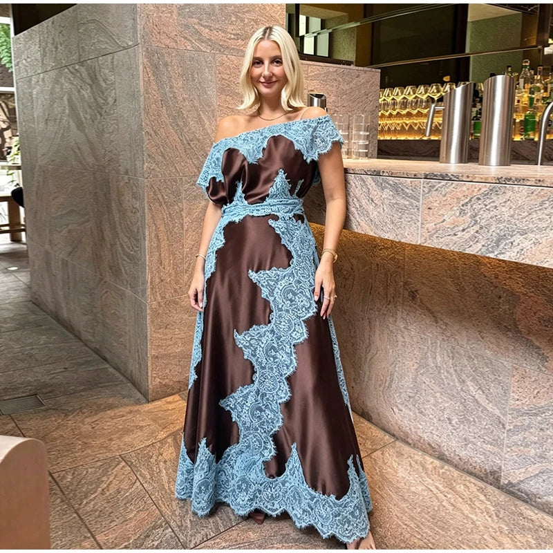 Elegant Lace Patchwork Long Women's Dress Urban Skew-collar Short Sleeve Empire Female Dresses 2026 Summer Vacation Lady Robe
