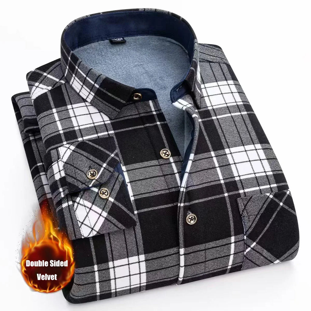 Thickened Flannel Men's Shirt Fashion Warm Plaid Winter Casual Square Collar plus Size Clothing Fleece Lined Double Sided Velvet