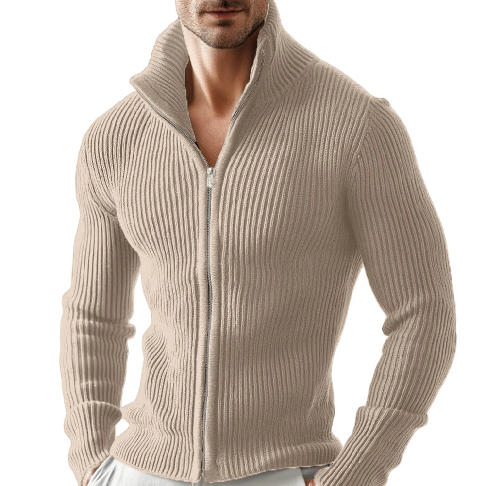 Men Full Zip Stand Collar Cardigan Sweater Knitted Thick Warm Outerwear Jacket for Daily Casual and Outdoor Wear in Cold Weather