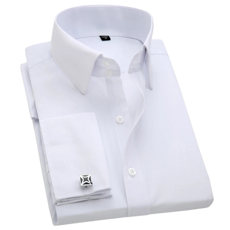 Men's Slim Fit French Cufflink Shirt Long Sleeves Double Cuff Solid Color High End Wedding Formal Dress Casual Men's Clothing