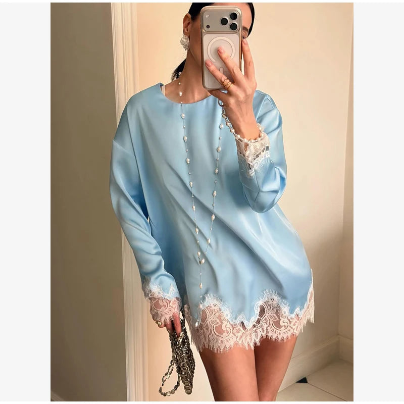Satin Lace Patchwork Dress Women Long Sleeve O-neck Casual 2026 Spring Female Dresses Casual Solid Beach Robe Not Contain Pearls