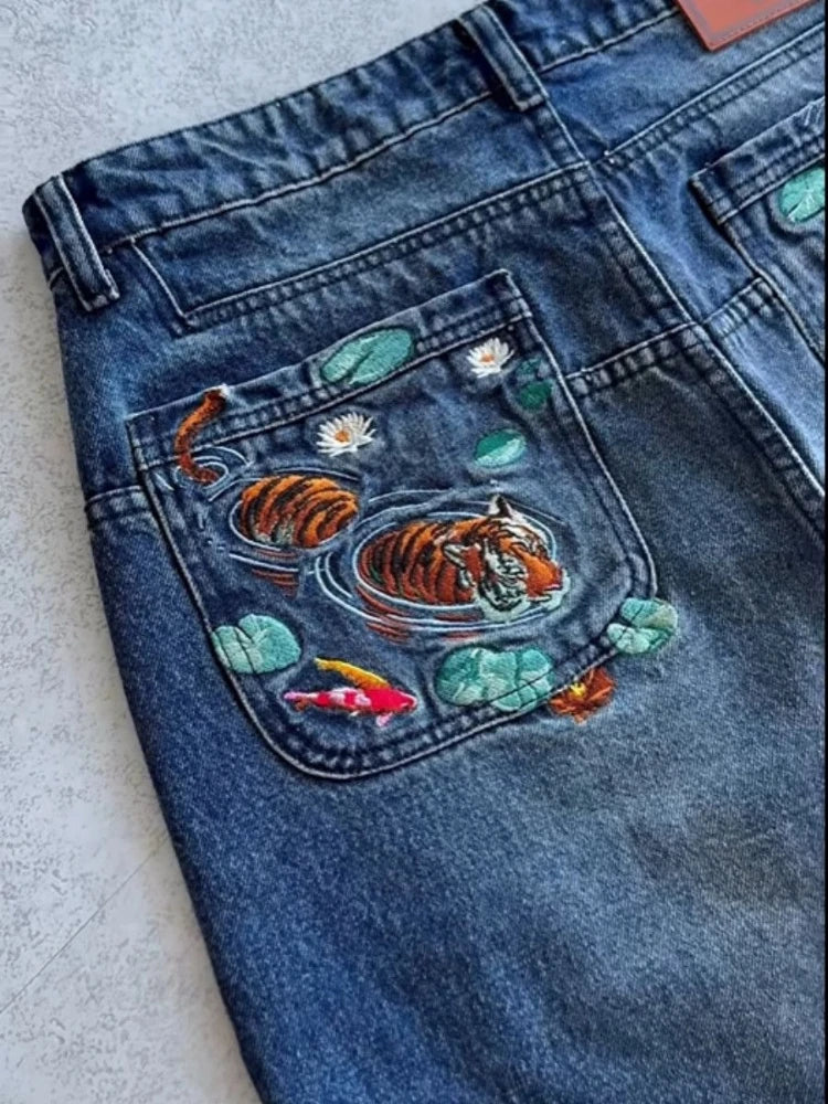 Mens Jeans Embroidery Goldfish Tiger Washed Denim Pants Harajuku Unisex Loose Fit Straight Leg Dark Blue Casual Streetwear New