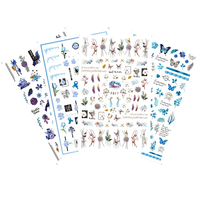 Autumn and Winter Blue Landscape Lines Flowers Birds Butterfly 3D Stickers Nail Art Decals Nail Parts Christmas Nail Stickers