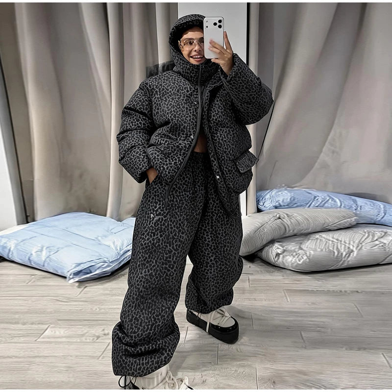 Leopard Print Women's Winter Down Jacket Pant Set Hooded Full Sleeve Zipper Jacket Elastic Waist Pants 2026 Warm Padded Coat Set