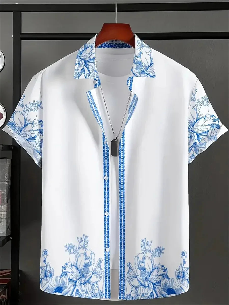 Men's Short-Sleeve Casual Loose-Fitting Lapel Hawaiian Shirt with Blue and White Porcelain Floral Print, New Summer Shirt