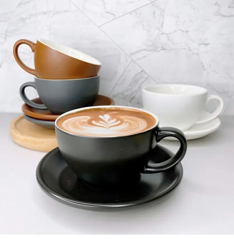 European Style Matte Latte Cup Ceramic Cappuccino Cup Large Mouth Coffee Cup Plate Set Handmade Craftsmanship 300ml
