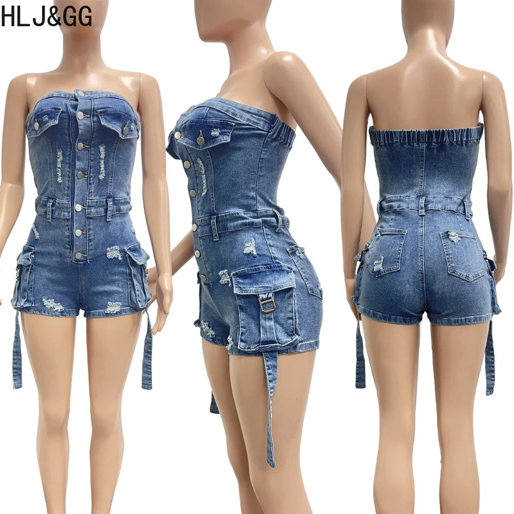 HLJ&GG Blue Denim Fashion Hollow Out Shorts Two Piece Sets Women Sleeveless Backless Bandage  Crop Top And Shorts Cowboy Outfits