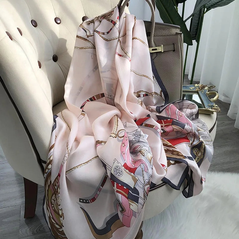 Birdtree, 9MM 100%Real Silk Scarf Shawl, Thin Plum Bossom Summer Beach Shawls Scarfs, Fall Winter Neck Head P36714QM