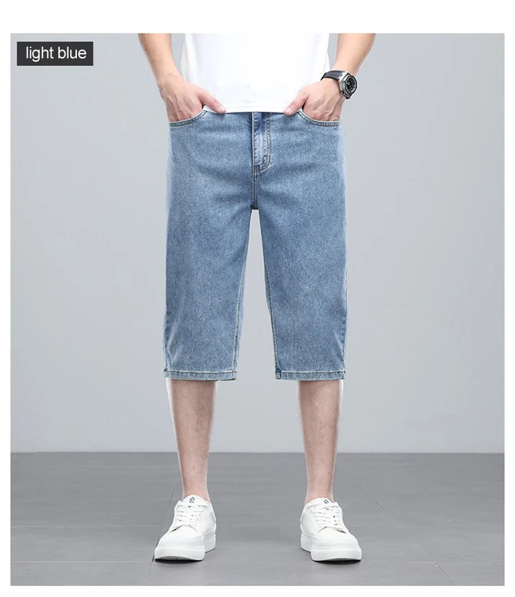Summer men's six inch shorts over the knee thin straight tube minimalist elastic denim shorts Baggy Jeans Shorts for Men  3/4