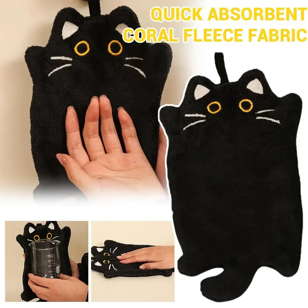 1PC Cartoon Cat Hand Towel Thickened Absorbent Kitchen Heat Resistant Pad Hanging Cleaning Cloth Towels