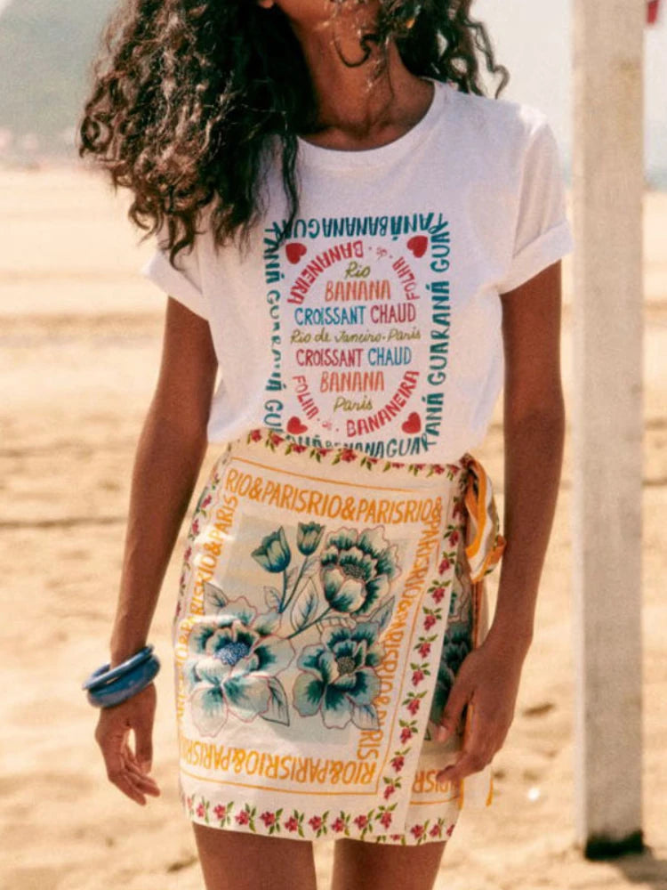 Summer New Fashion Women's Beach Style Short Skirt Printed Retro Vacation Style Covering Casual Sexy Elegant Half Skirt