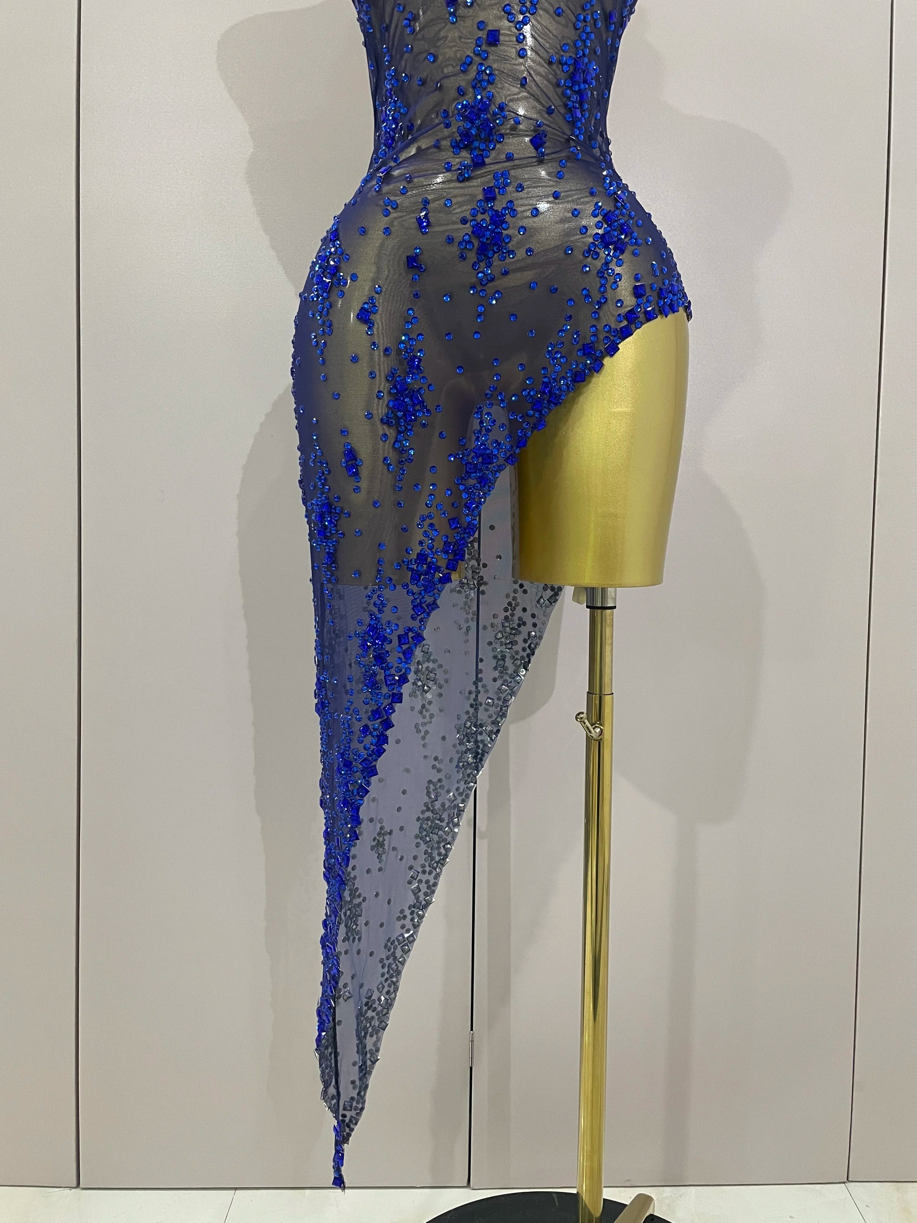 2025 New Sparkly Rhinestone V Neck Stretch Mesh Sexy See Through Dress Women Elegant Party Celebrate Perform Costume Stage Outfi