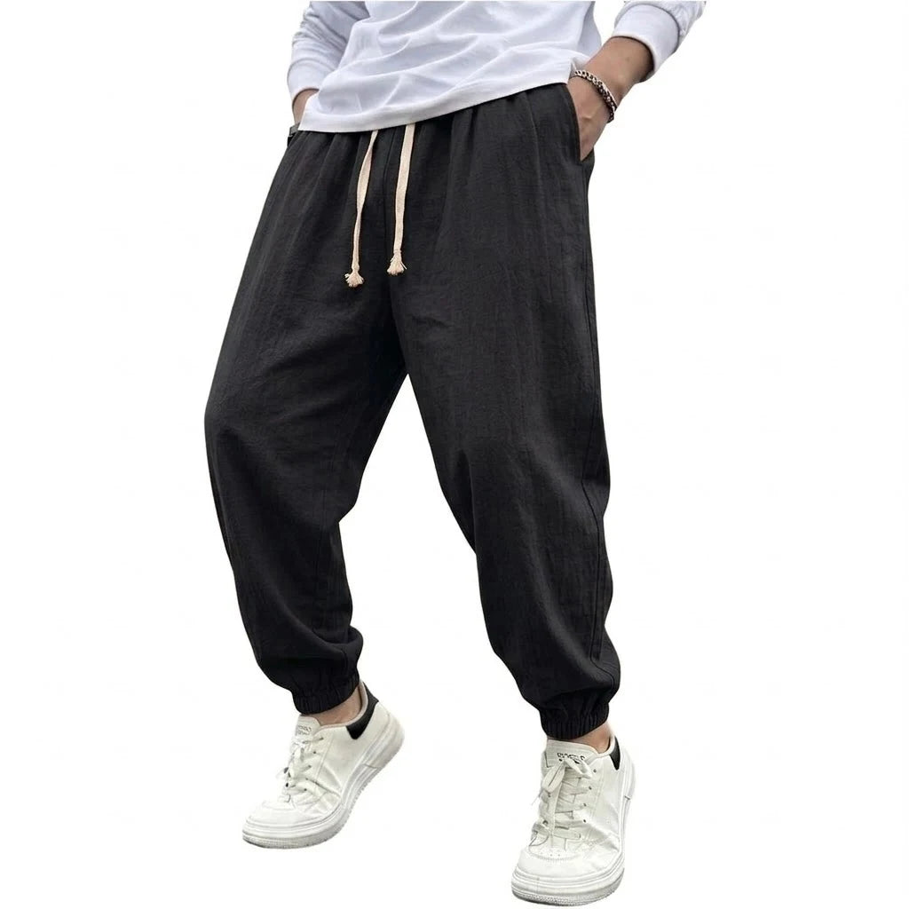 Mens Cotton Harem Pants Solid Casual Jogger Trousers Breathable Loose Fit Bottoms for Yoga Hiking Gym Sports and Daily Work Wear