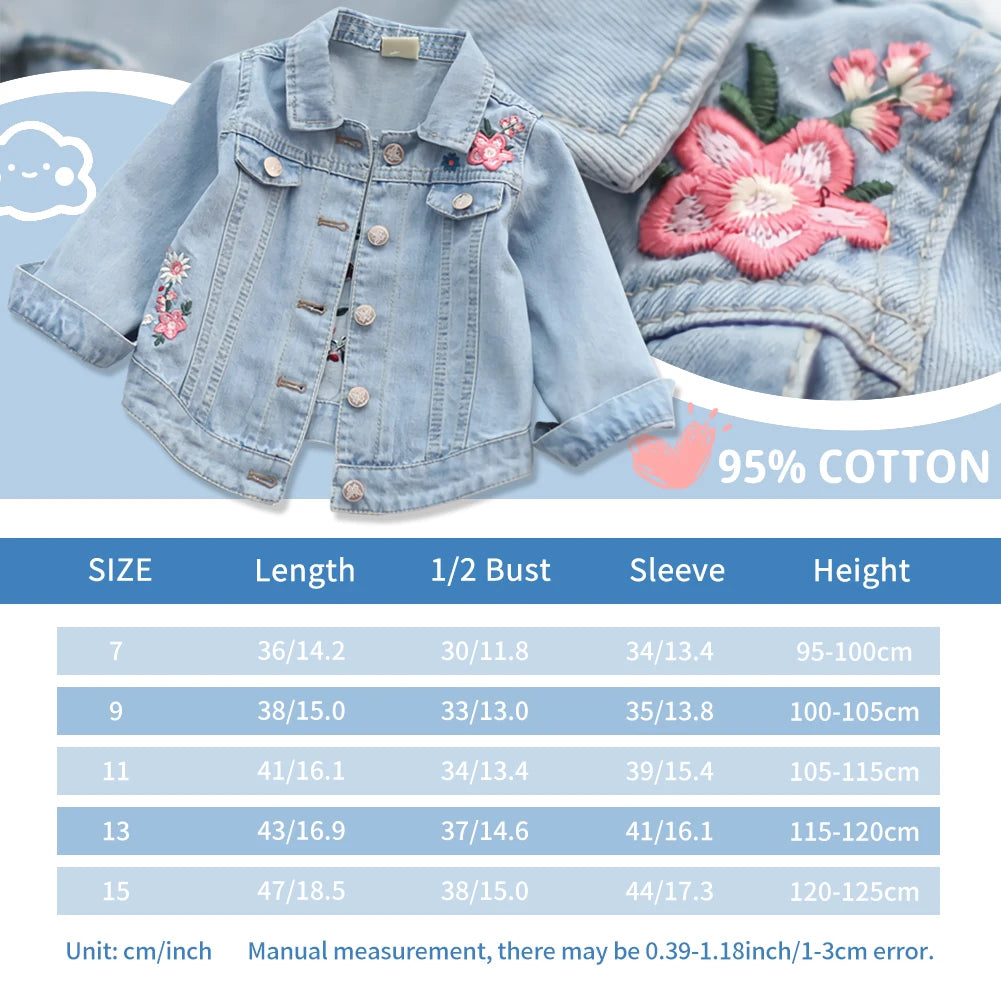 Girls Denim Jacket,Children's Cowboy Coat,Transition Jacket with Embroidered,Denim Coat,Outdoor Jeans Jacket for Spring Autumn