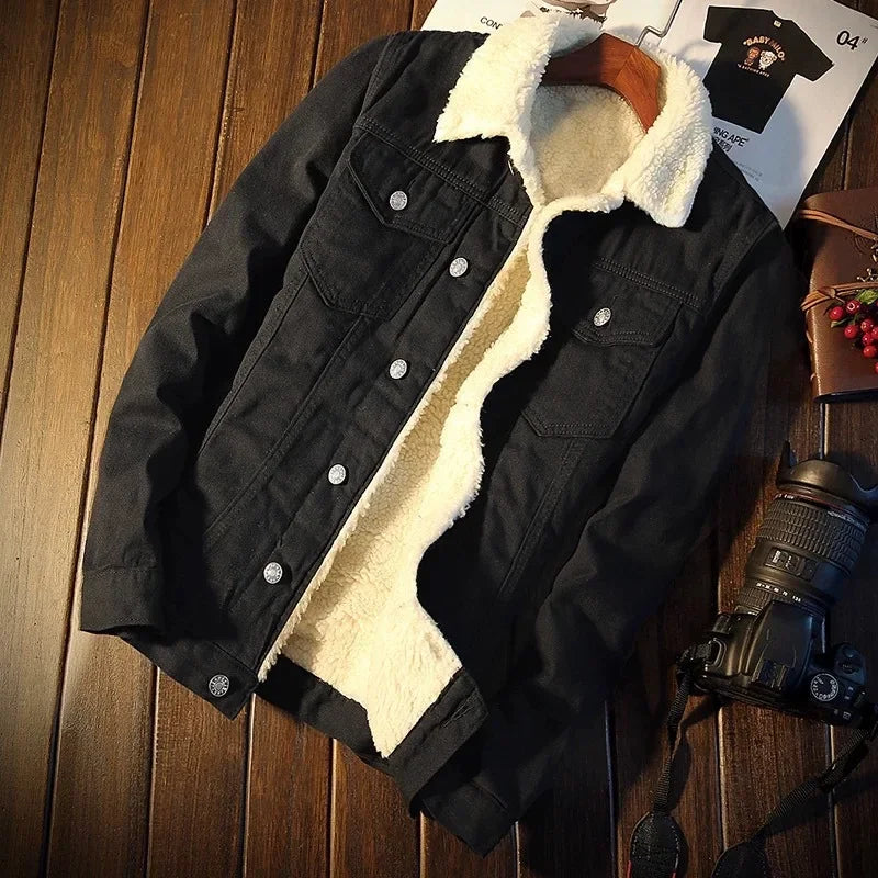 Winter Korean Fashion Men's Warm Denim Jacket Plush Lining Denim Coat Male Thicken Fleece Stylish Pockets Buttons Jean Outerwear