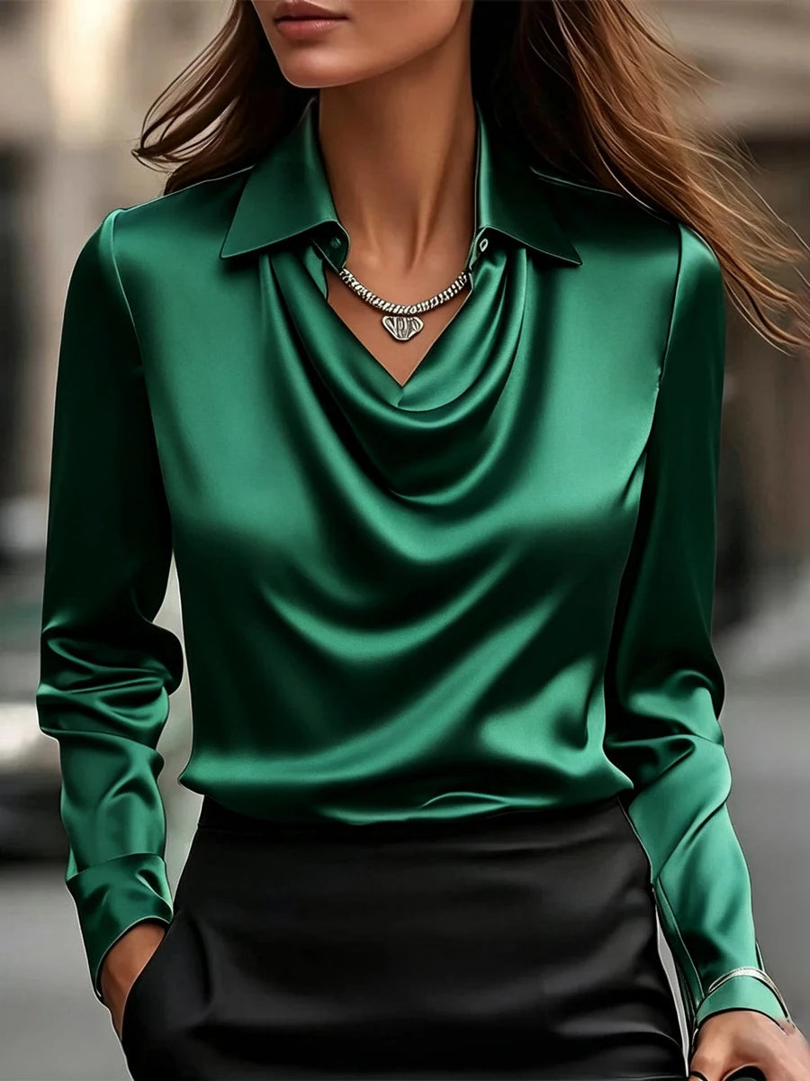 Women Long Sleeve Lapel V Neck Satin Blouse Elegant Solid Loose Shirt Spring Summer Simple Chic Offce Lady Tops Fake Silk Shirt