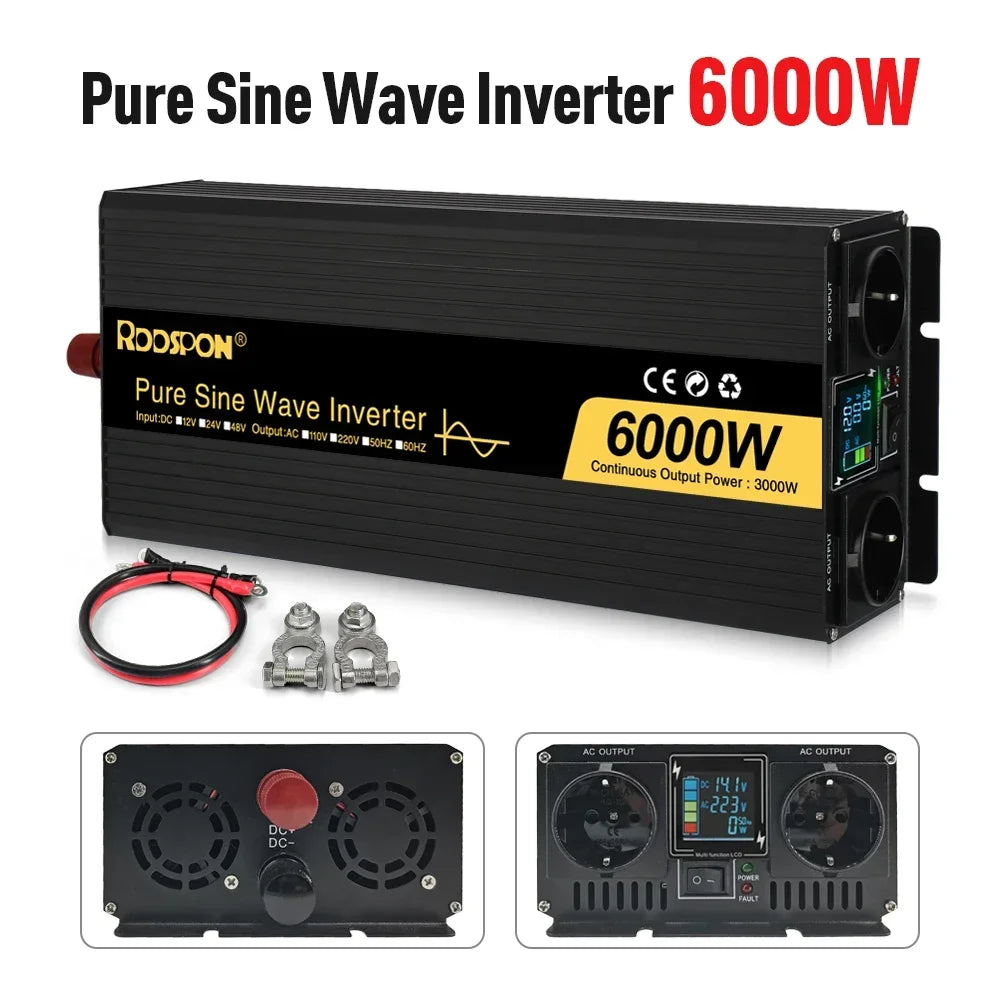 RDDSPON Pure Sine Wave Inverters 4000W 5000W 6000W  Double EU Socket DC 12V 24V 48V to AC 220V Voltage Converter inversor solar