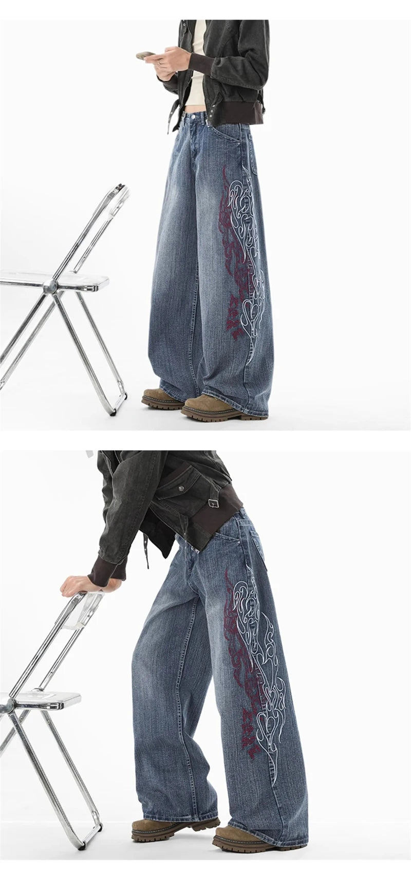 New Y2K Flame Embroidered Streetwear Flared Jeans For Man Hip Hop Fashion Straight Baggy Denim Pants Harajuku Streetwear Jean