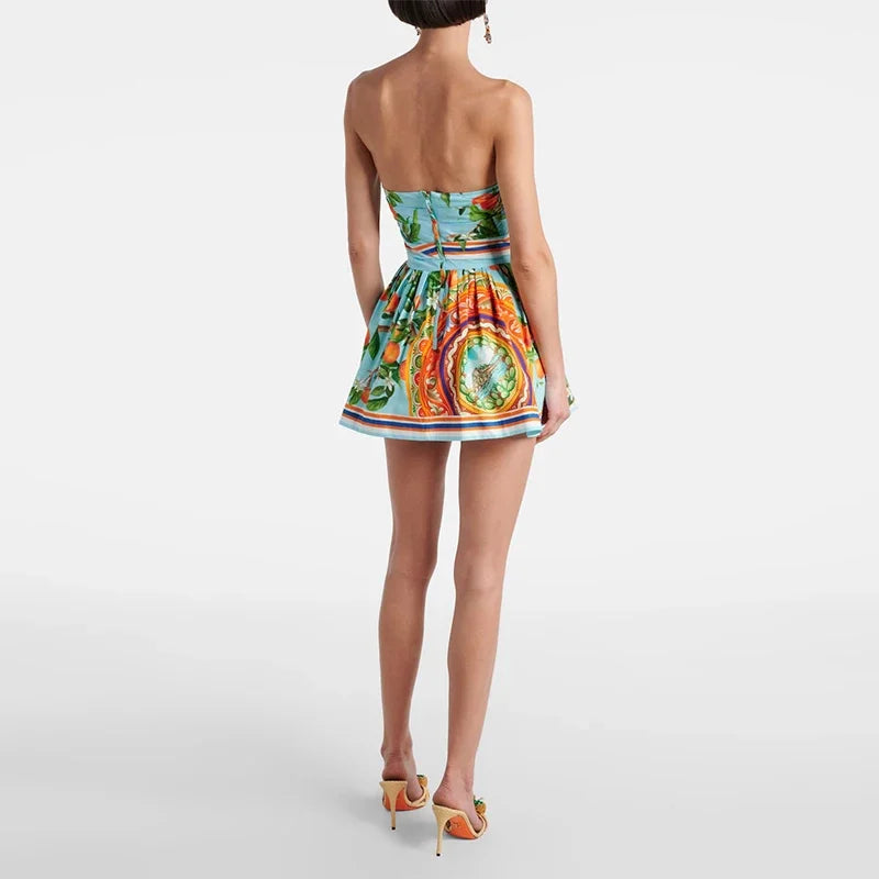 Sexy Strapless Printed Mini Dress 2025 Summer Fashion Women Sleeveless Backless High Waist Slimming Party Vacation Y2k Vestidos