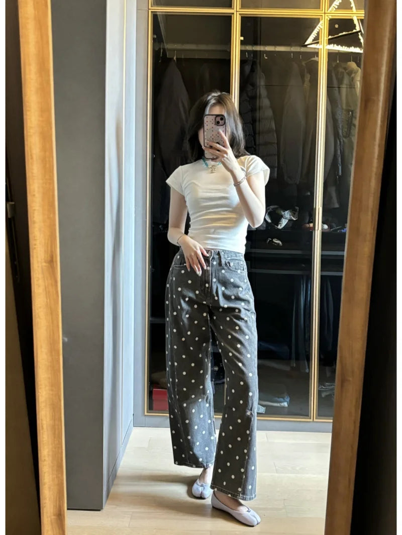 ETJ 2026 New Women's High Waist Polka Dot Wide Leg Jeans Casual Straight Denim Pants Fashion Summer Loose Fit Trousers